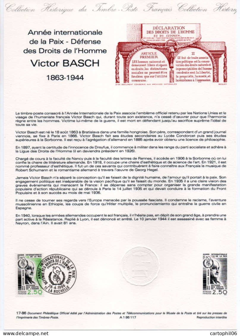 - Document Premier Jour VICTOR BASCH (1863-1944) - LA ROCHELLE 26.4.1986 - - Otros & Sin Clasificación