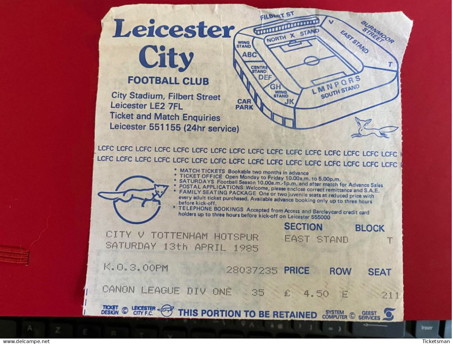 Football Ticket Billet Jegy Biglietto Eintrittskarte Leicester City - Tottenham Hotspur 13/04/1985 - Tickets - Vouchers