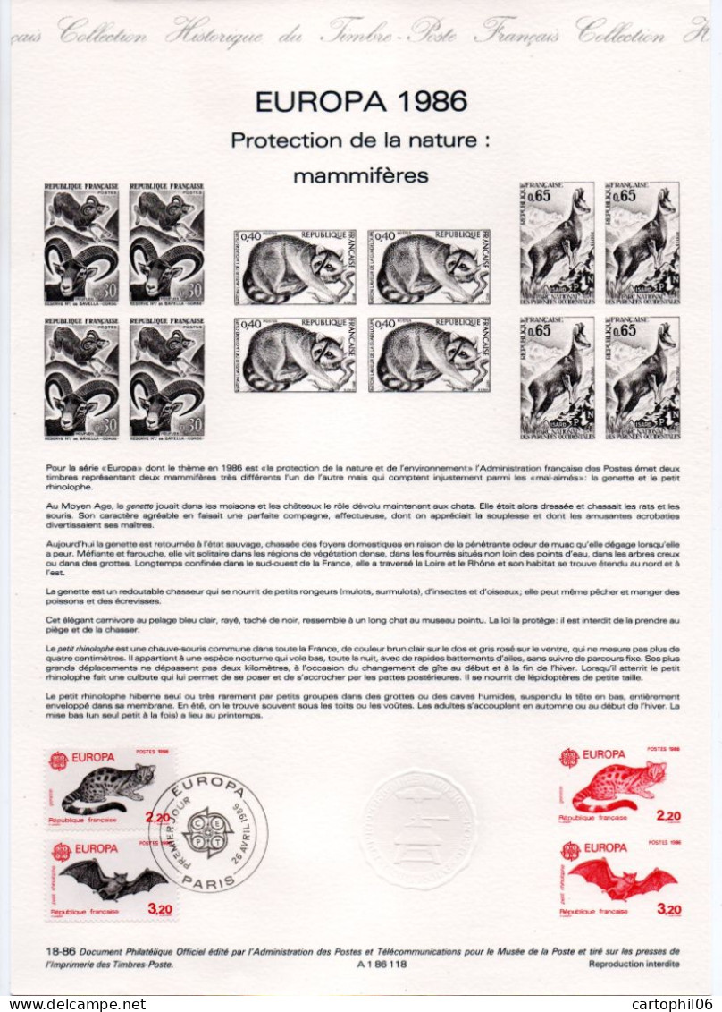 - Document Premier Jour EUROPA - Protection De La Nature : Mammifères - PARIS 26.4.1986 - - 1986