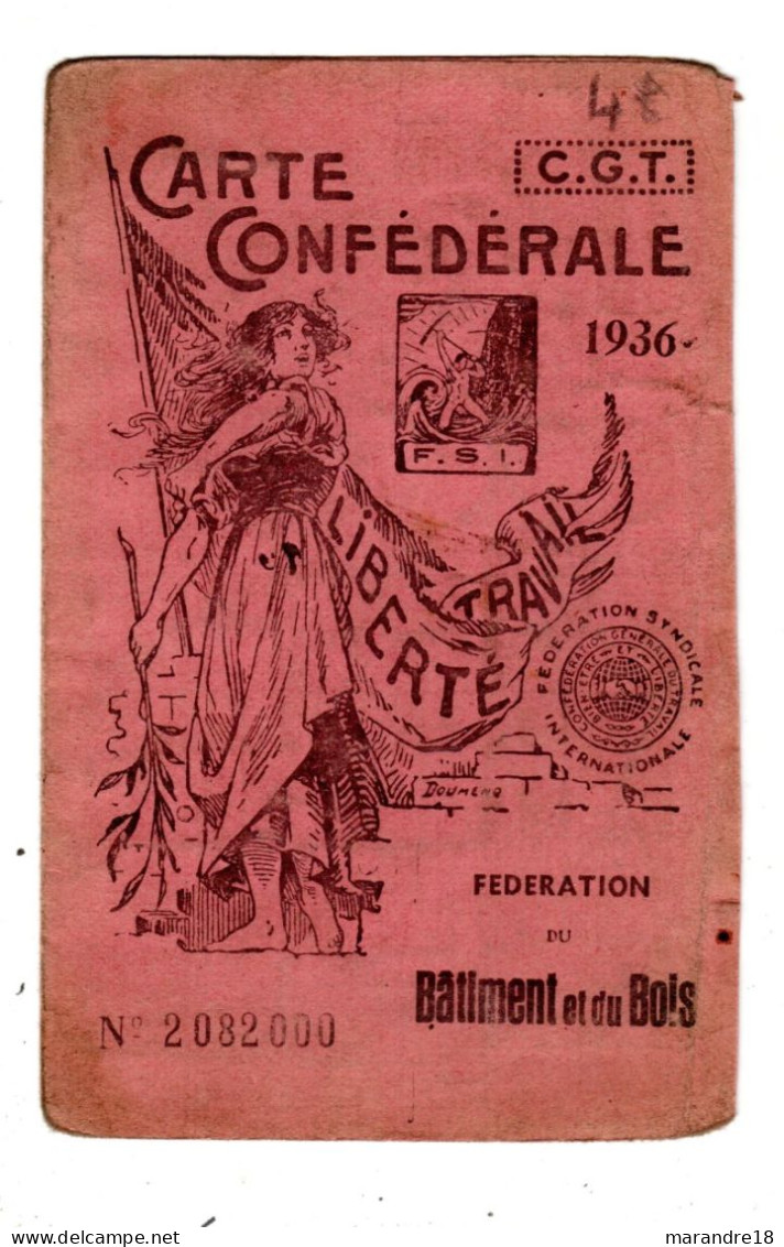 Carte Confédérale CGT 1936 , Fédération Batment Et Bois - Tessere Associative