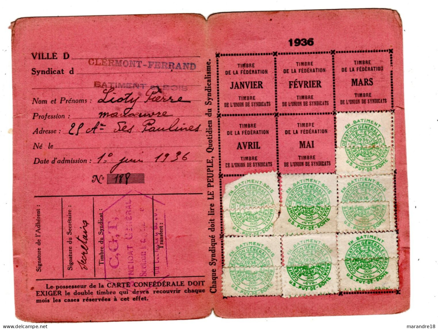 Carte Confédérale CGT 1936 , Fédération Batment Et Bois - Tarjetas De Membresía