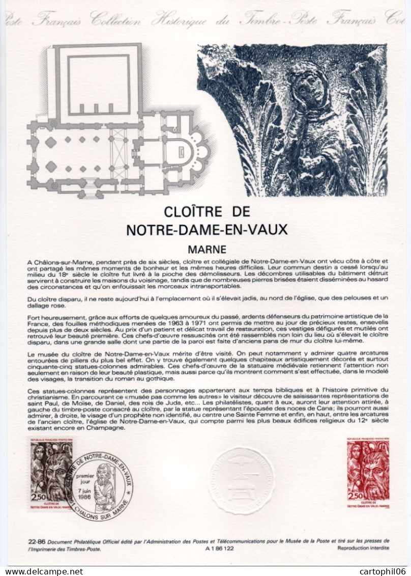 - Document Premier Jour LE CLOÎTRE DE NOTRE-DAME-EN-VAUX 7.6.1986 - - Documents Of Postal Services