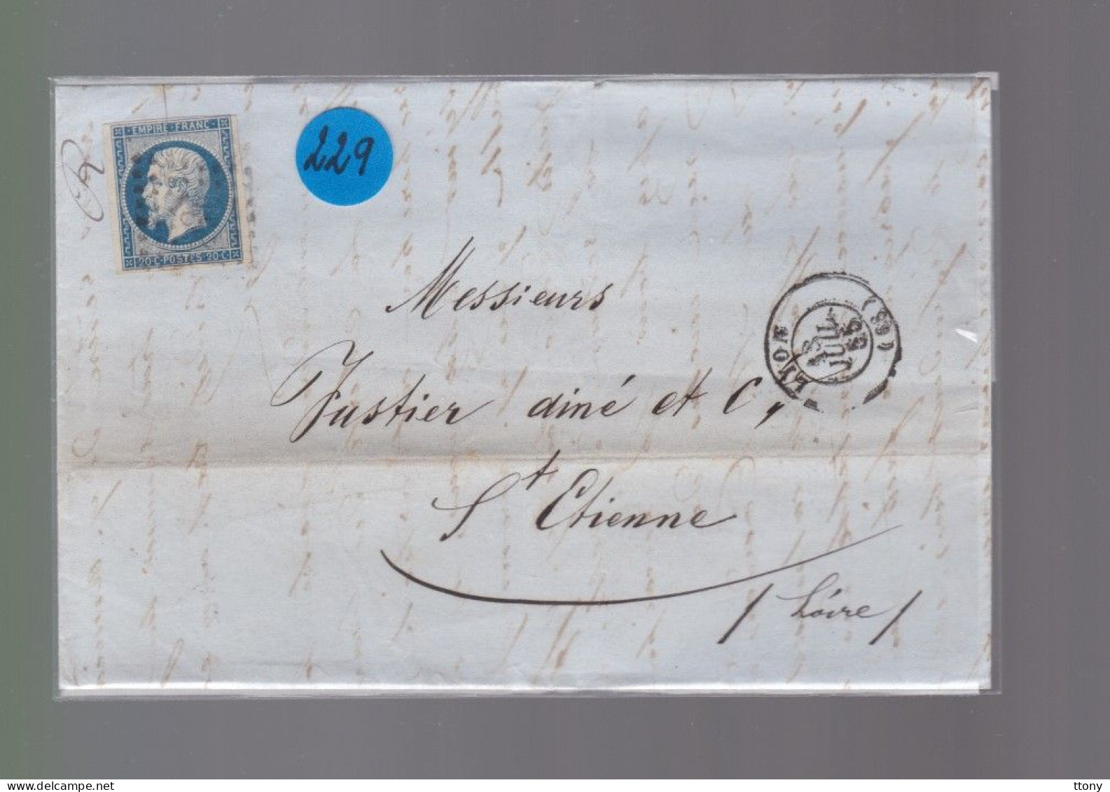 Timbre  Napoléon III N° 14   20 C Bleu  Départ   Lyon  1855   Destination  St- Etienne - 1849-1876: Klassieke Periode