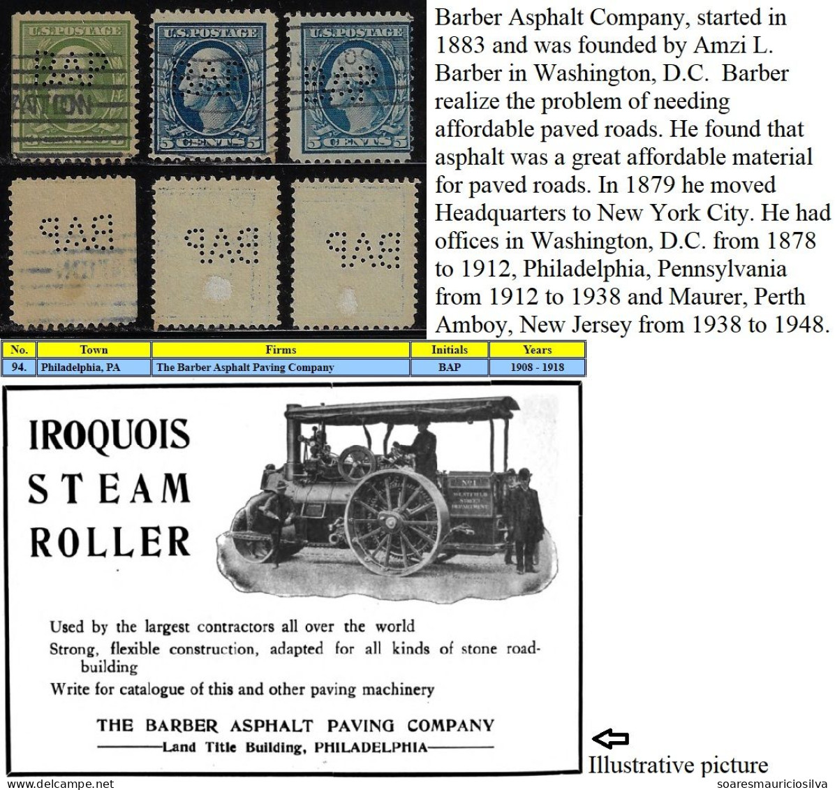 USA United States 1908/1918 3 Stamp Perfin BAP By The Barber Asphalt Paving Company From Philadelphia Lochung Perfore - Perforés