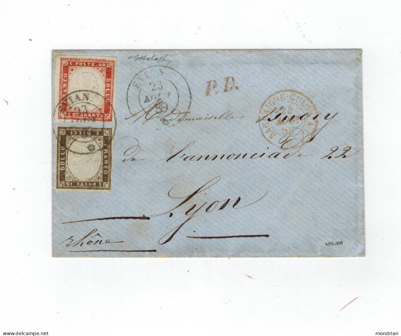 LETTRE DUCHE DE SAVOIE CAD EVIAN POUR LYON 10C + 40C SARDE 1859 SARDAIGNE TB MARGES - 1849-1876: Klassieke Periode