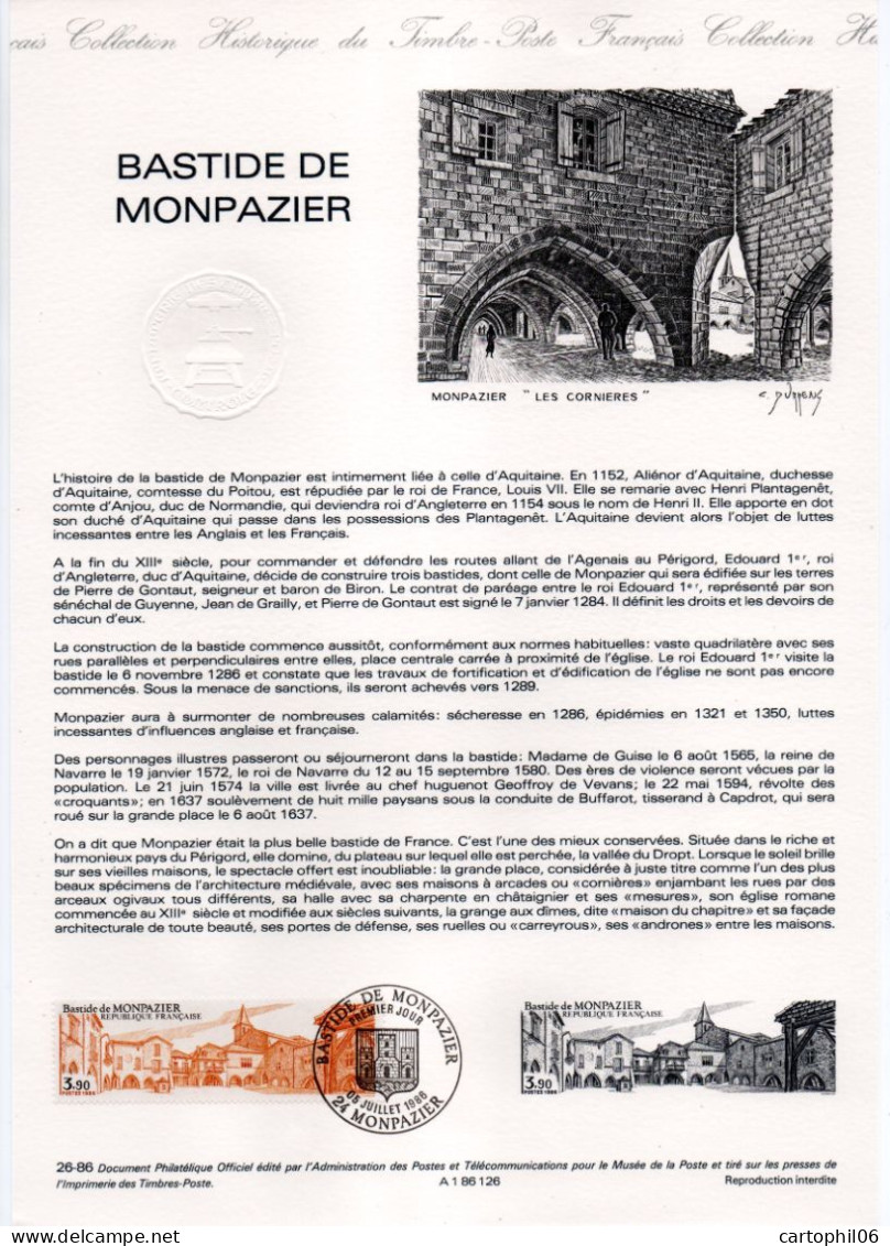 - Document Premier Jour LA BASTIDE DE MONPAZIER 5.7.1986 - - Documents Of Postal Services