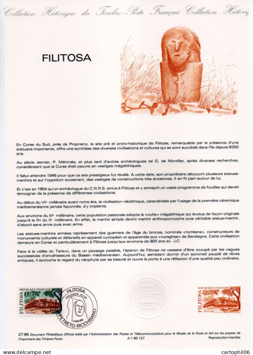 - Document Premier Jour FILITOSA - PETRETO BICCHISANO (Corse) 5.7.1986 - - Documents De La Poste