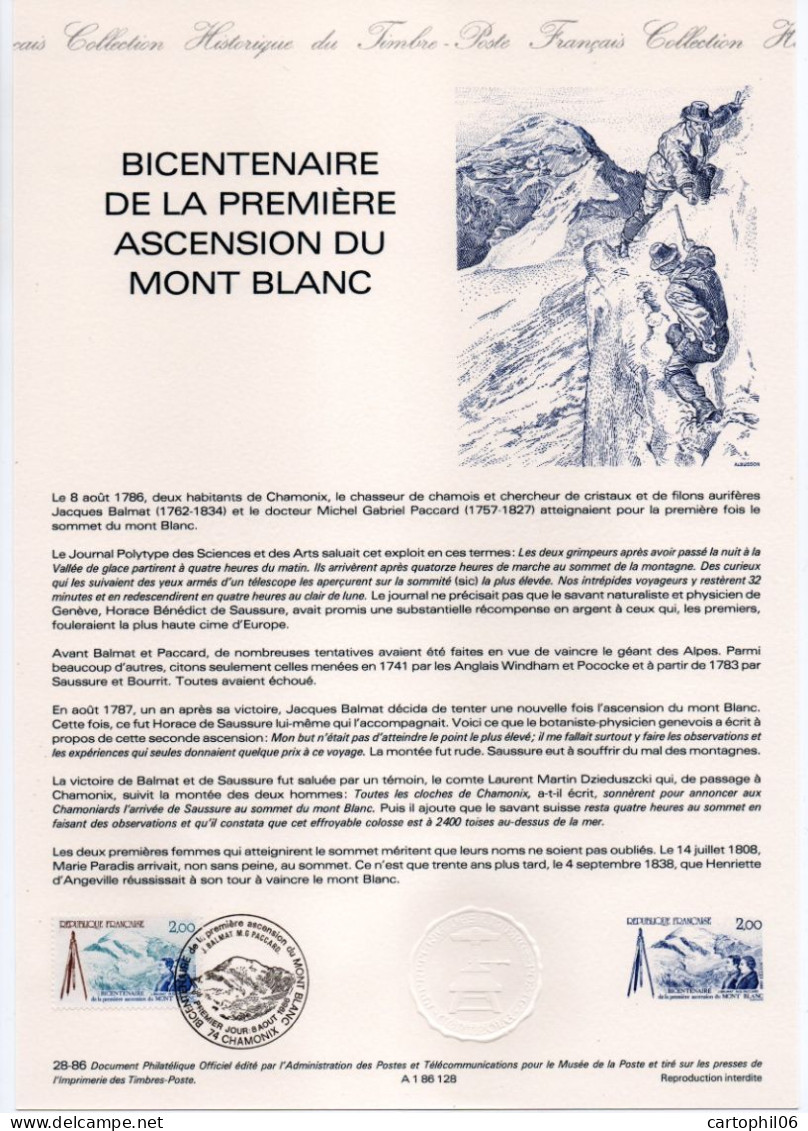 - Document Premier Jour BICENTENAIRE DE LA PREMIÈRE ASCENSION DU MONT BLANC - CHAMONIX 8.8.1986 - - Escalade