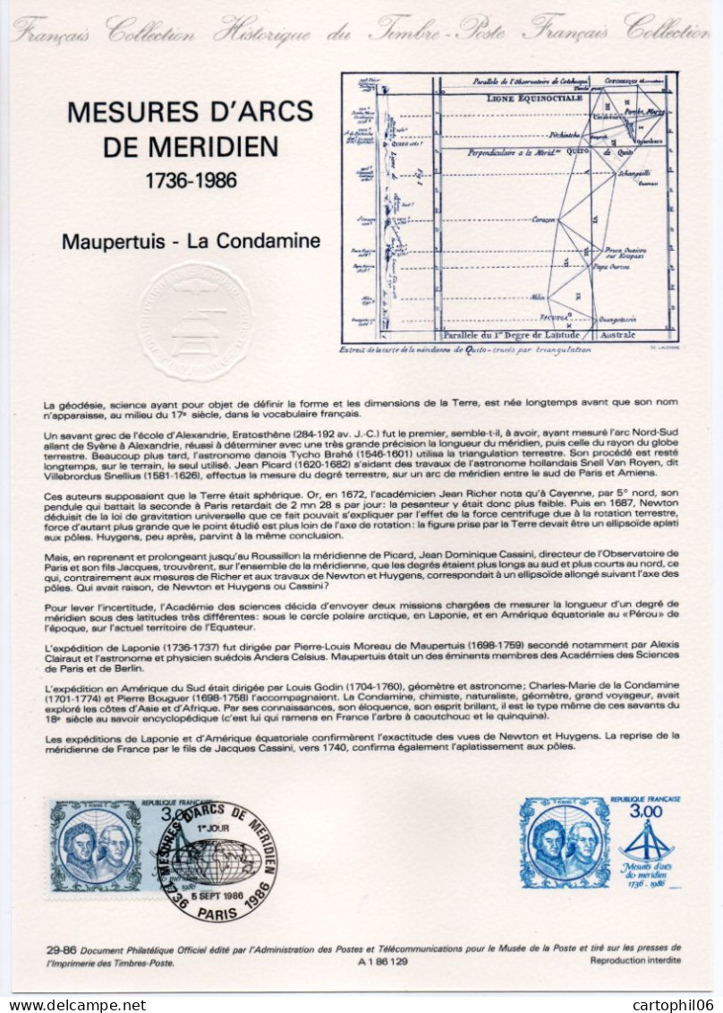 - Document Premier Jour LES MESURES D'ARCS DE MÉRIDIEN (1736-1986) - Maupertuis - La Condamine - PARIS 5.9.1986 - - Explorers