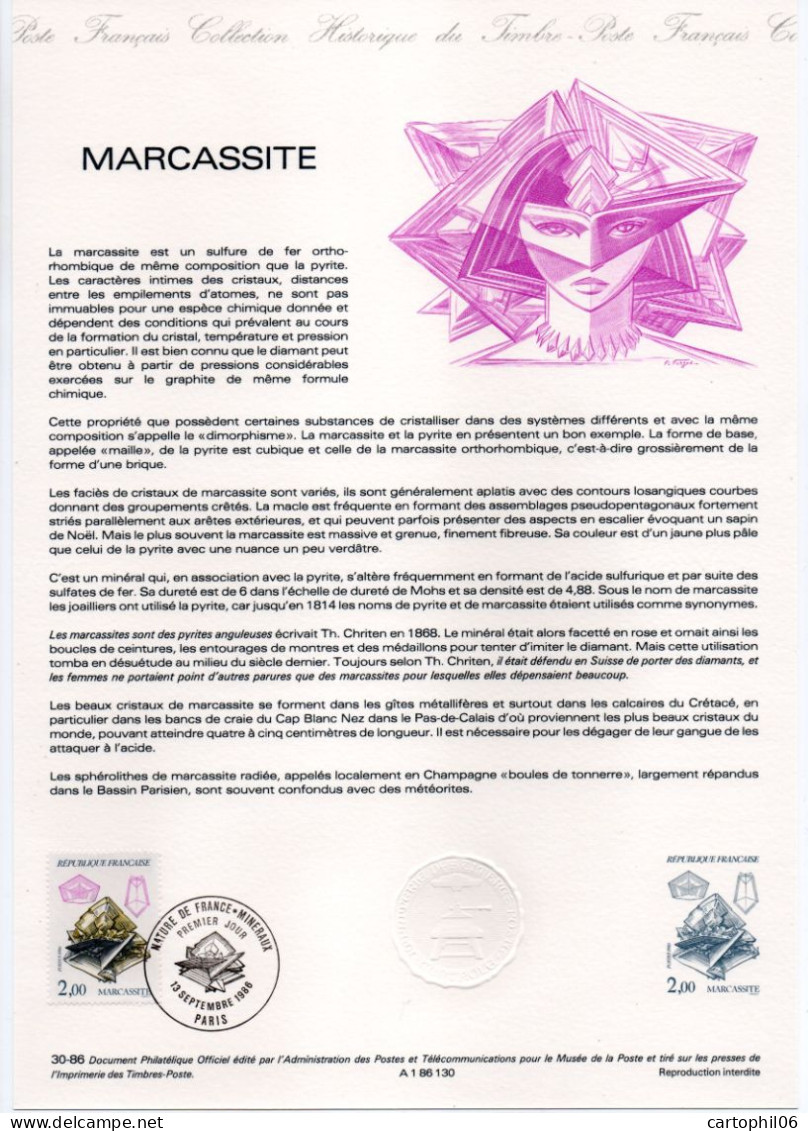 - Document Premier Jour Les Minéraux : La MARCASSITE - PARIS 13.9.1986 - - Minerales