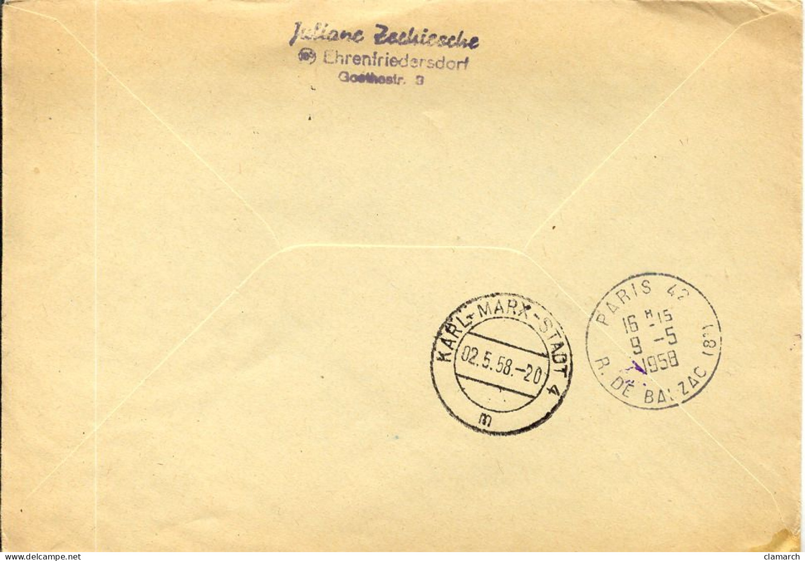 Aérophilatélie-DEUTSCHE LUFTHANSA -LEIPZIG-KARL-MARX-STADT 2.5.1958-cachet De Leipzig Du 2.05.58 - Primi Voli