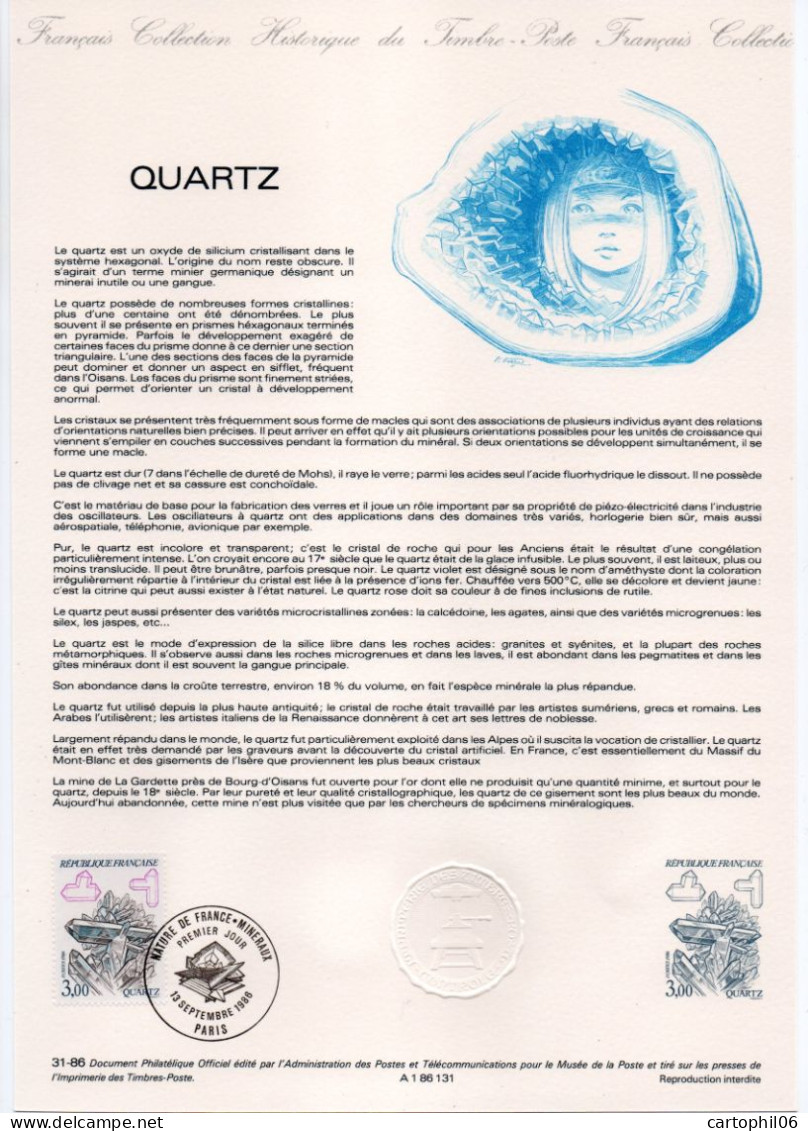 - Document Premier Jour Les Minéraux : Le QUARTZ - PARIS 13.9.1986 - - Minerales