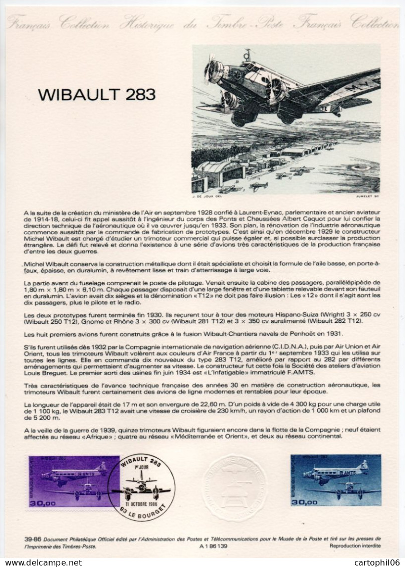 - Document Premier Jour L'Avion WIBAULT 283 - LE BOURGET 11.10.1986 - - Flugzeuge