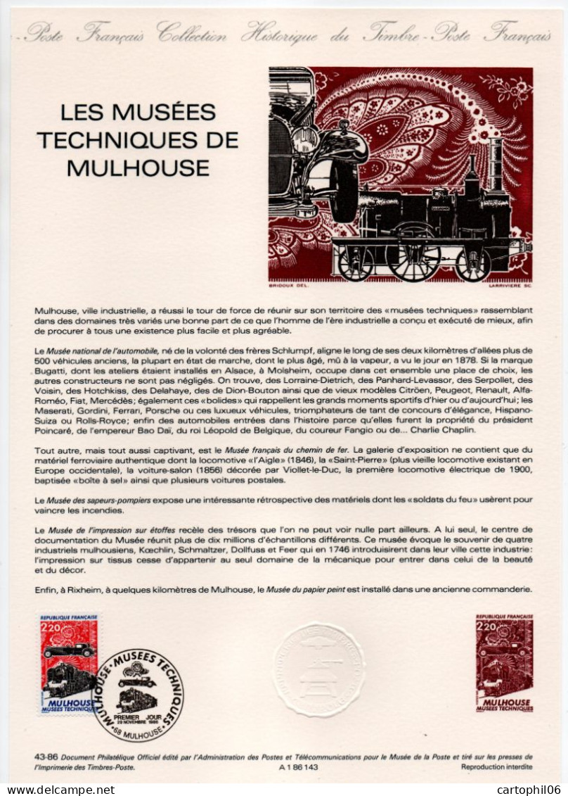 - Document Premier Jour LES MUSÉES TECHNIQUES - MULHOUSE 29.11.1986 - - Documenten Van De Post