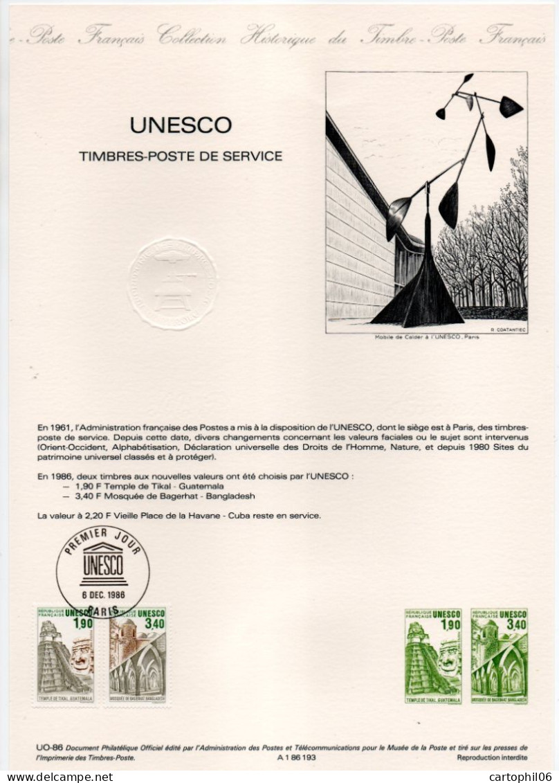 - Document Premier Jour TIMBRES-POSTE DE SERVICE UNESCO - PARIS 6.12.1986 - - UNESCO