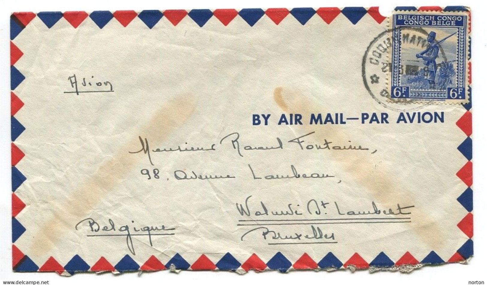 Congo Coquilhatville Oblit. Keach 8A3-Dmyt/y Sur C.O.B. 244 Sur Lettre Vers Bruxelles - Storia Postale
