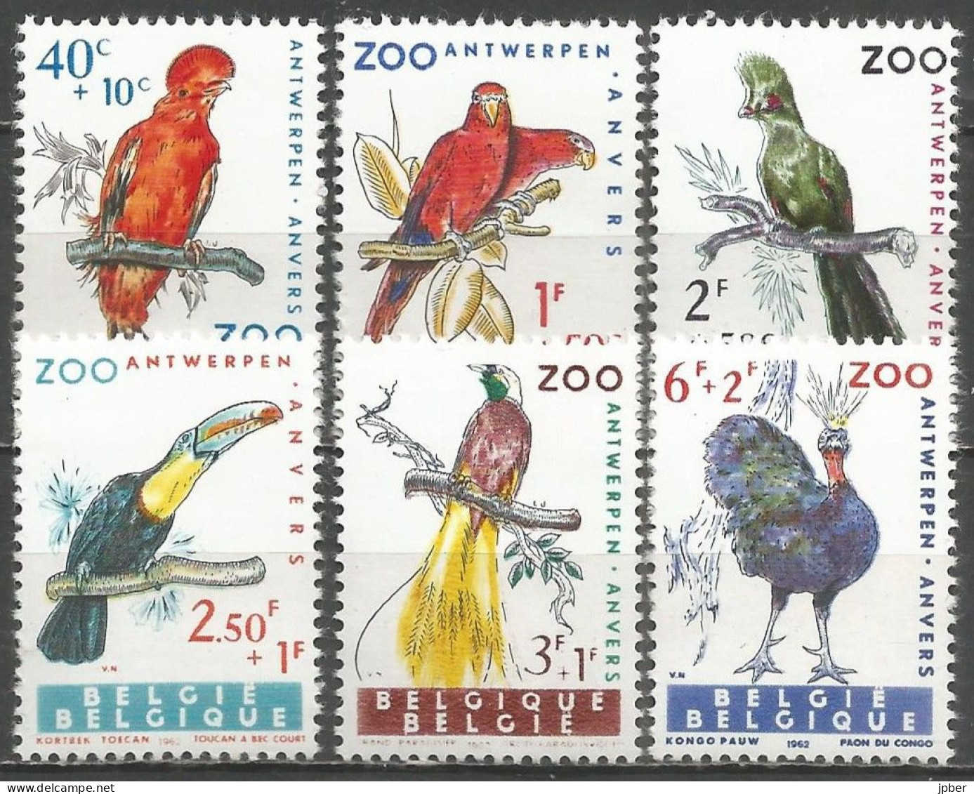 Belgique - Zoo Anvers - Coq, Lori, Touracou, Toucan, Paradisier, Paon - N°1216 à 1221 ** - Neufs