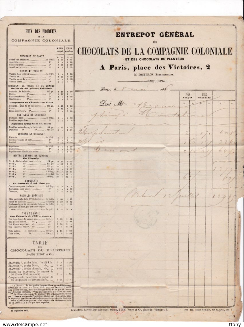 Une Facture Entrepôt  Chocolats De La Compagnie Coloniale Paris 1860  Timbre N° 14 Napoléon III Pour Montélimar - 1800 – 1899