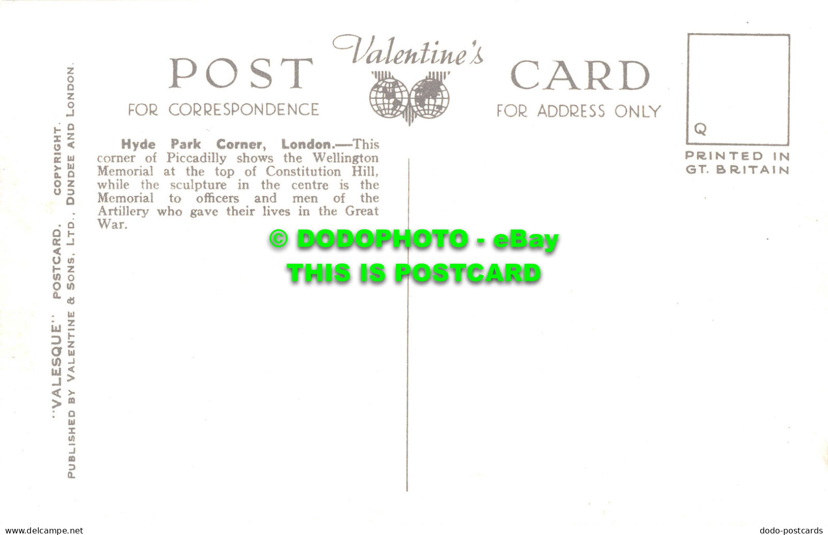 R538259 H. 9145. Hyde Park Corner. London. Valesque Postcard. Valentines - Other & Unclassified