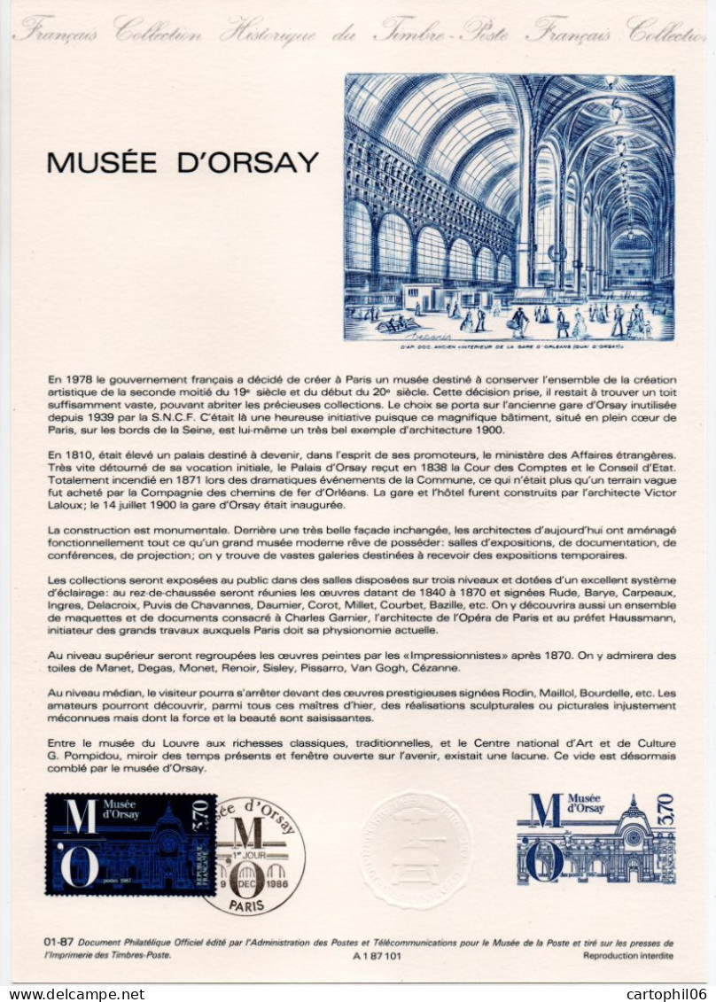 - Document Premier Jour LE MUSÉE D'ORSAY - PARIS 9.12.1986 - - Documents Of Postal Services