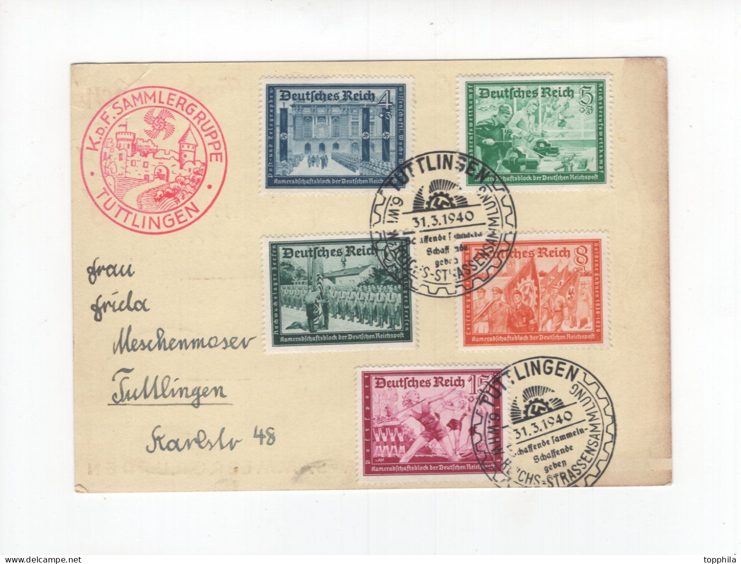 1940 3. Reich Schön Frankierte Sonderkarte Der KdF Sammlergruppe Tuttlingen Mit Rotem SST - Storia Postale