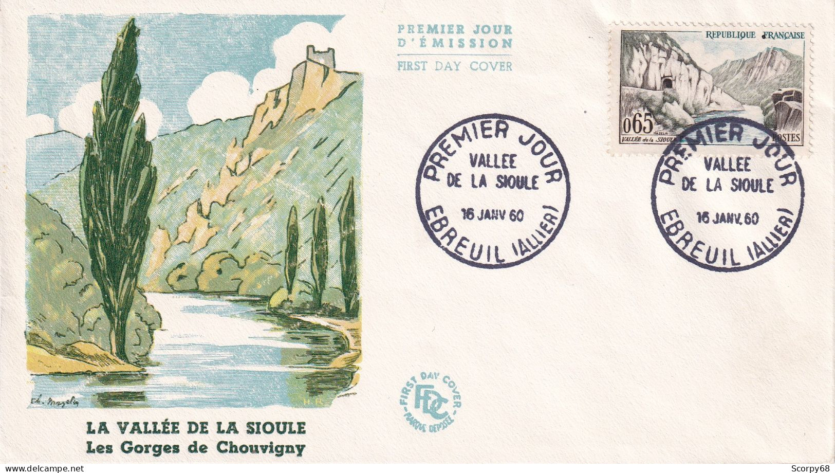 FDC 16/01/1960: Vallée De La SIOULE - EBREUIL (ALLIER) - Y&T N° 1239 - 1960-1969