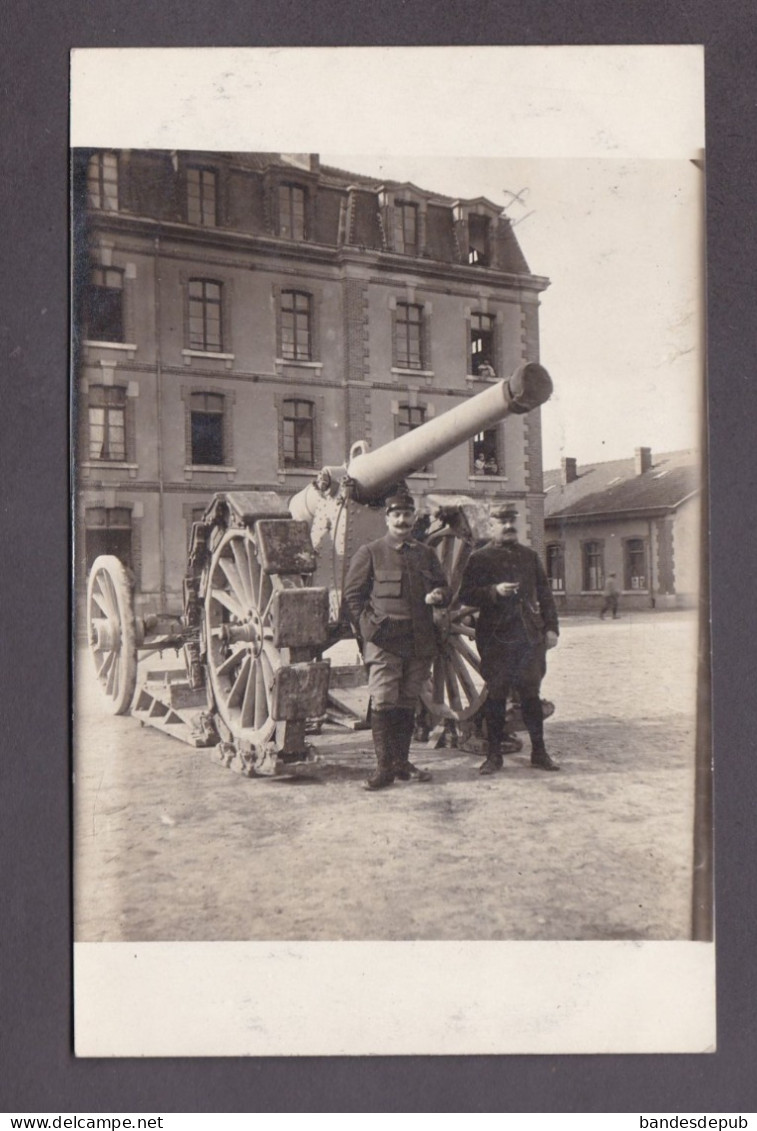 Carte Photo Guerre 14-18 écrite De Fontainebleau Militaires Devant Canon De 120 Long Modifié Roues à Palettes 58930 - Fontainebleau