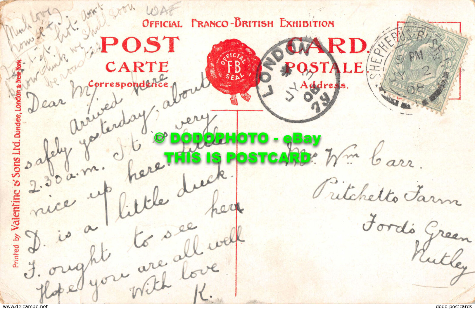 R538917 London. Franco British Exhibition. Fine Art Palace. Valentine. 1908 - Andere & Zonder Classificatie