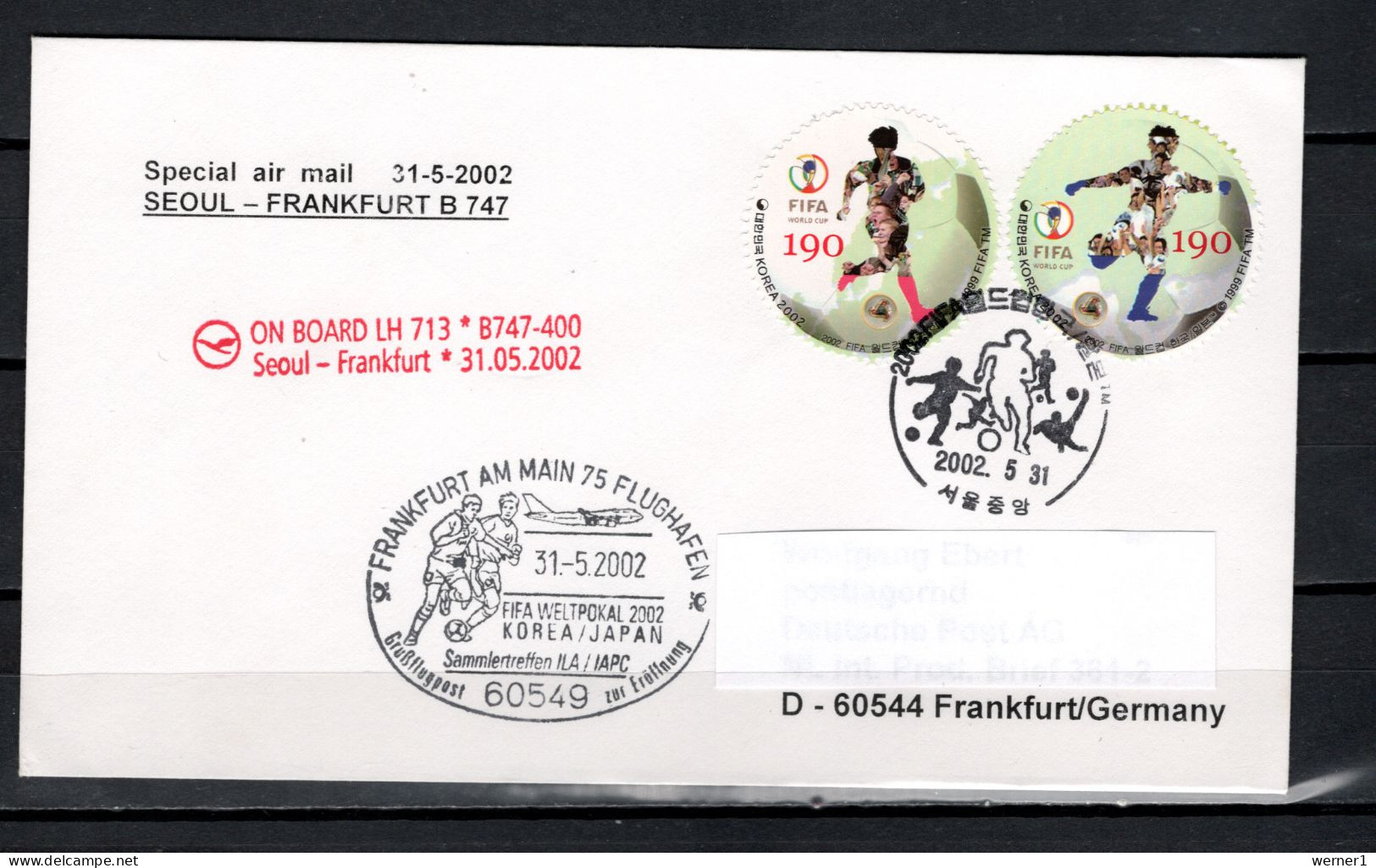 South Korea 2002 Football Soccer World Cup Commemorative Flight Cover By LH 713 To Germany - 2002 – Corea Del Sur / Japón