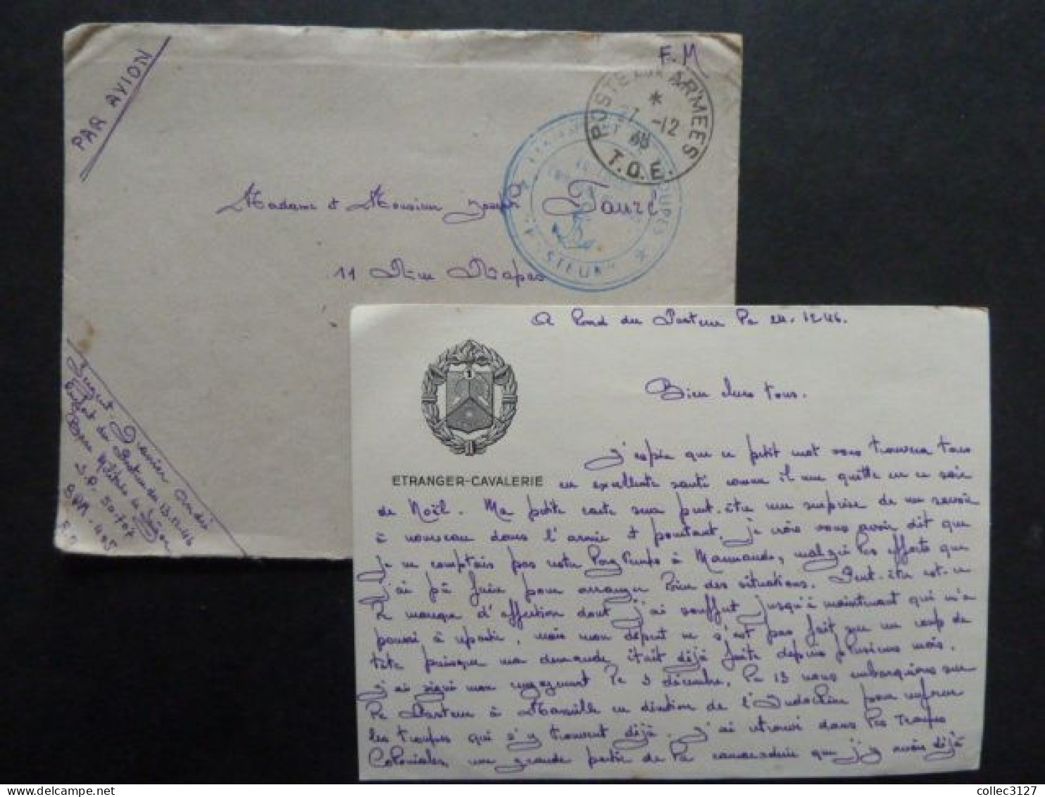 CX3 - Légion Etrangère - Lettre Envoyée Du Paquebot Pasteur - Cachet Transport De Troupes 27/12/1946 -Etranger-Cavalerie - Documenti