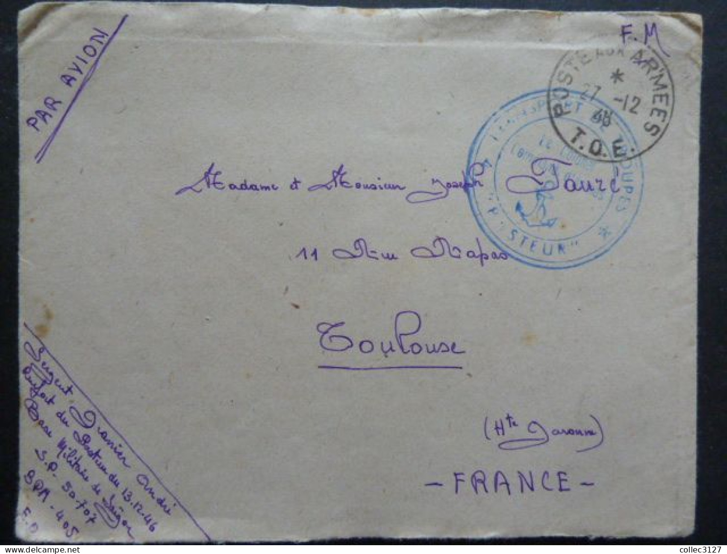 CX3 - Légion Etrangère - Lettre Envoyée Du Paquebot Pasteur - Cachet Transport De Troupes 27/12/1946 -Etranger-Cavalerie - Dokumente