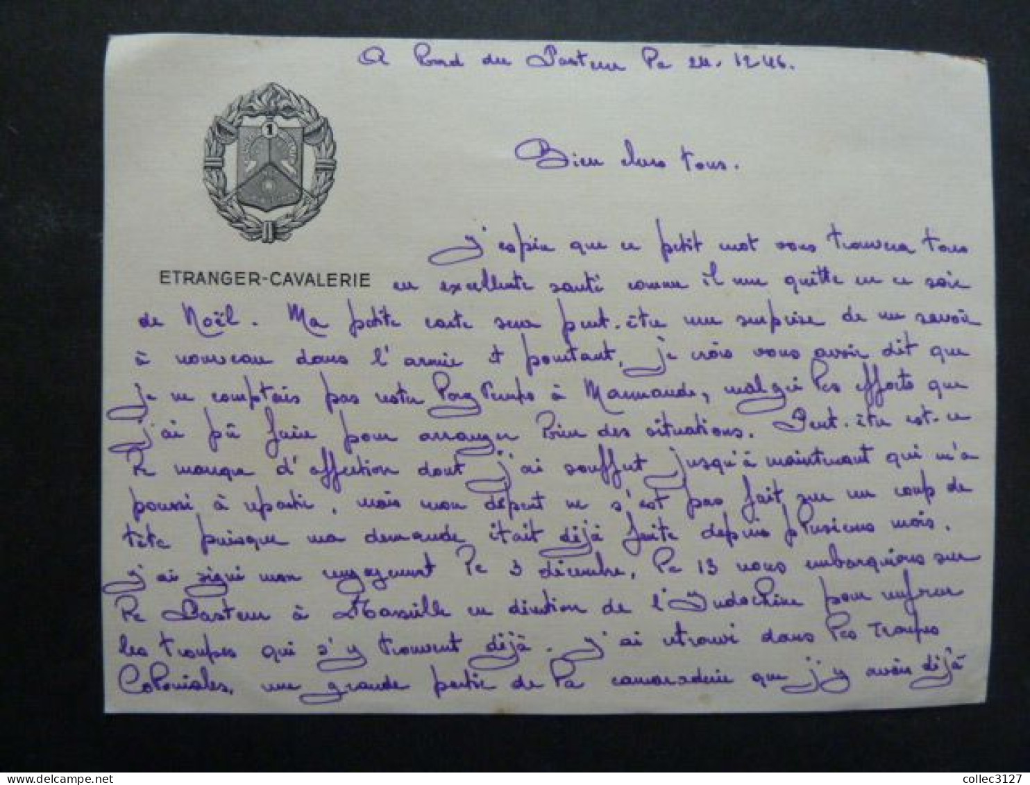 CX3 - Légion Etrangère - Lettre Envoyée Du Paquebot Pasteur - Cachet Transport De Troupes 27/12/1946 -Etranger-Cavalerie - Documentos