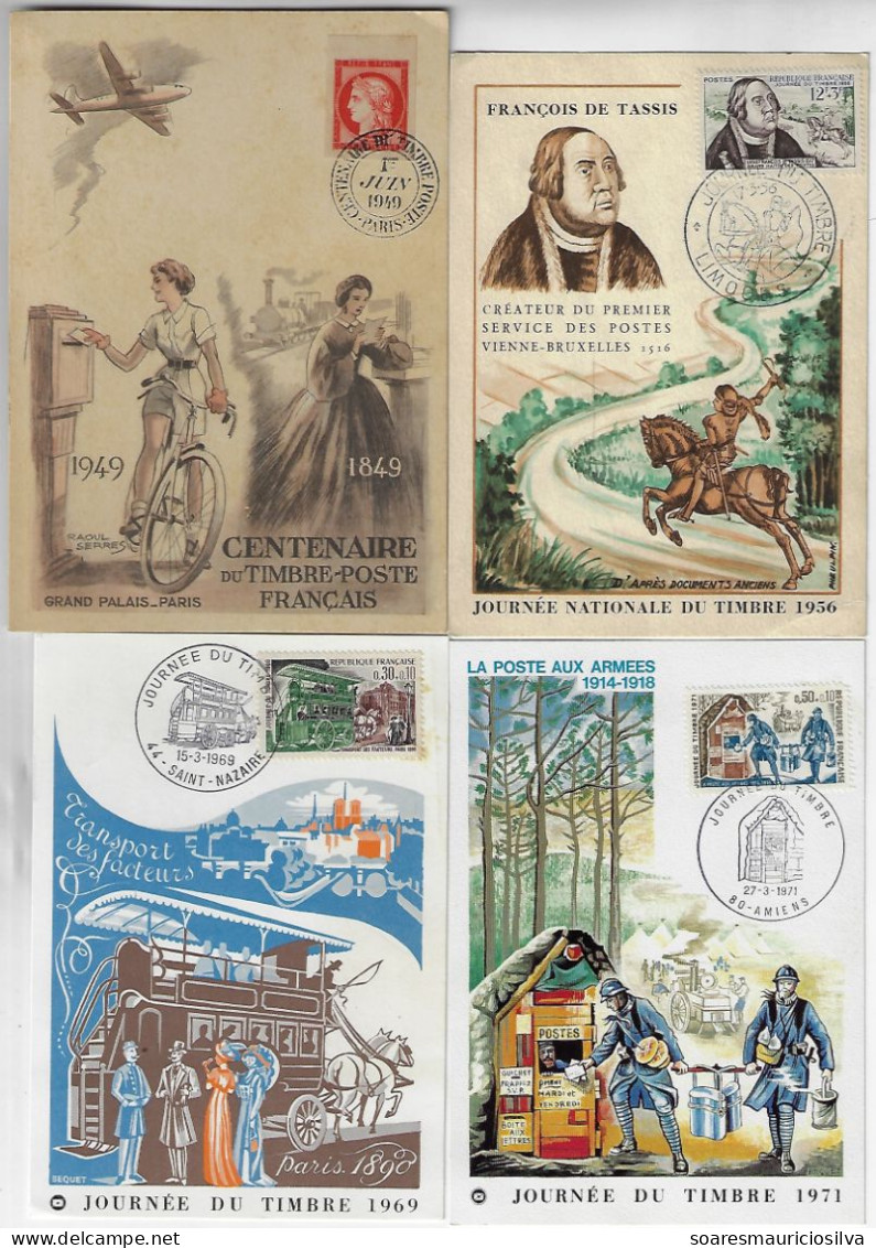 France 1949/1971 4 Maximum Card National Stamp Day Military Mail 100 Years Of The French Stamp Carries Postmen - 1950-1959