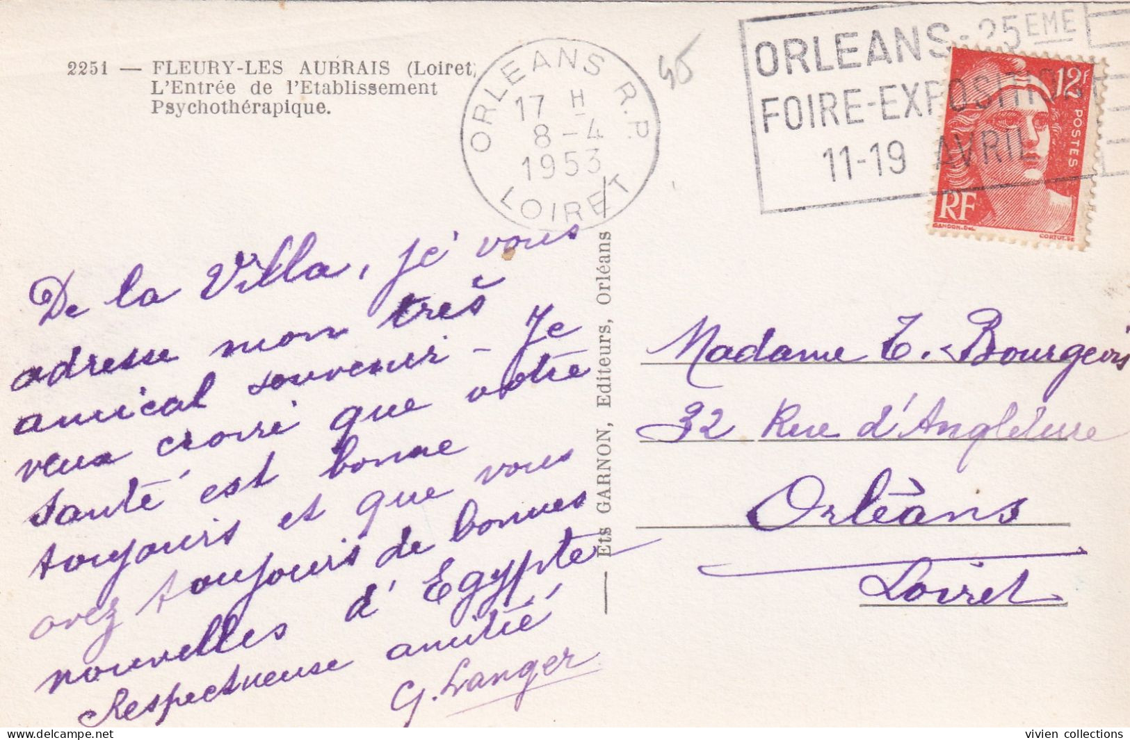 Fleury Les Aubrais (45 Loiret) Etablissement Psychothérapique Entrée De L'établissement - édit. Garnon Circulée 1953 - Other & Unclassified