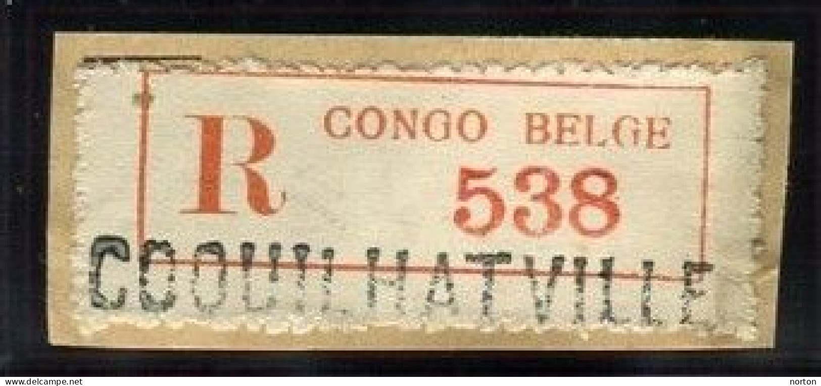 Congo Coquilhatville Etiquette De Recommandé Type 1Db/O/M (grande Griffe Majuscule) Dent. 10 3/4 - Lettres & Documents