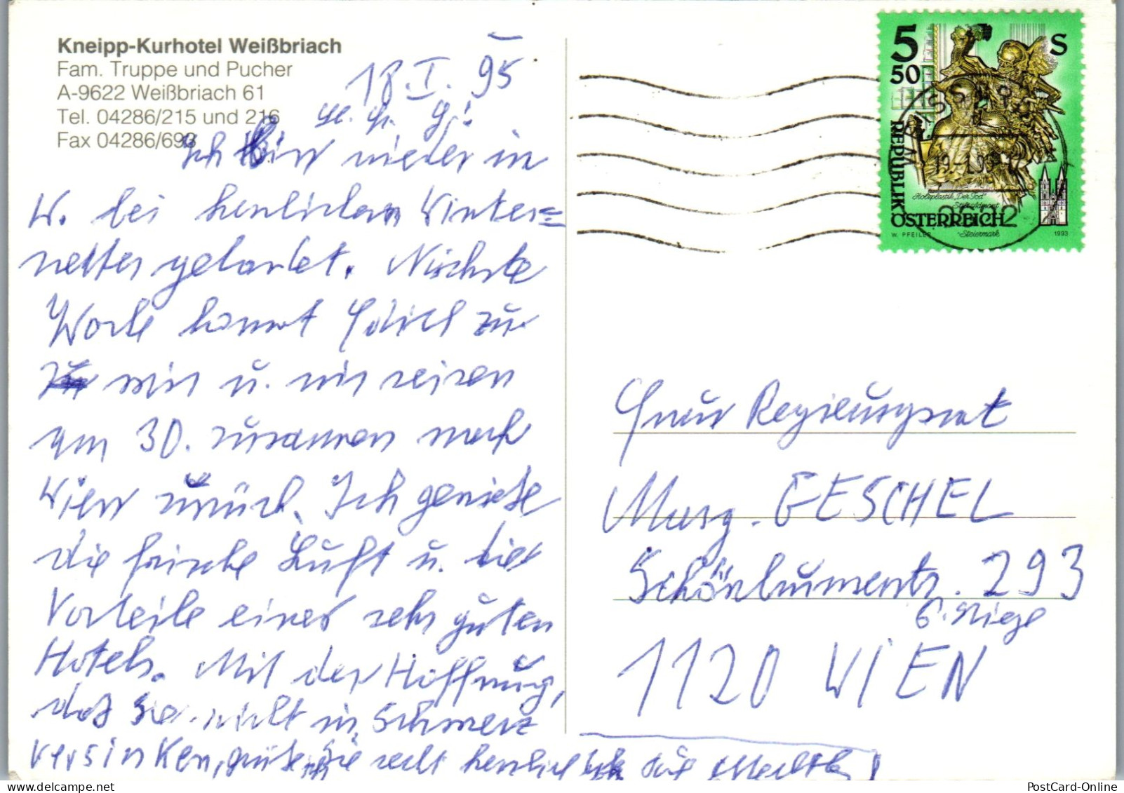 49774 - Kärnten - Weißbriach , Kneipp Kurhotel , Fam. Truppe Und Pucher - Gelaufen 1995 - Weissensee