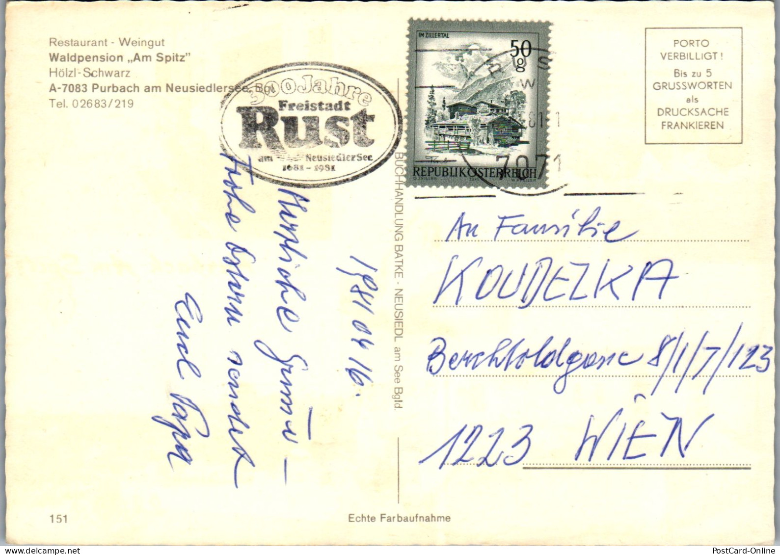 49588 - Burgenland - Purbach , Waldpension Am Spitz , Hölzl Schwarz , Neusiedlersee  - Gelaufen 1981 - Neusiedlerseeorte