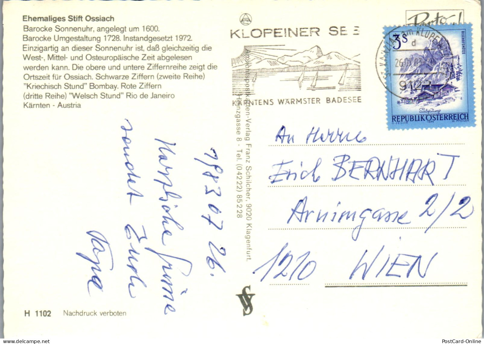 49484 - Kärnten - Ossiach , Stiftskirche , Stift Ossiach , Barocke Sonnenuhr - Gelaufen 1983 - Eglises Et Couvents