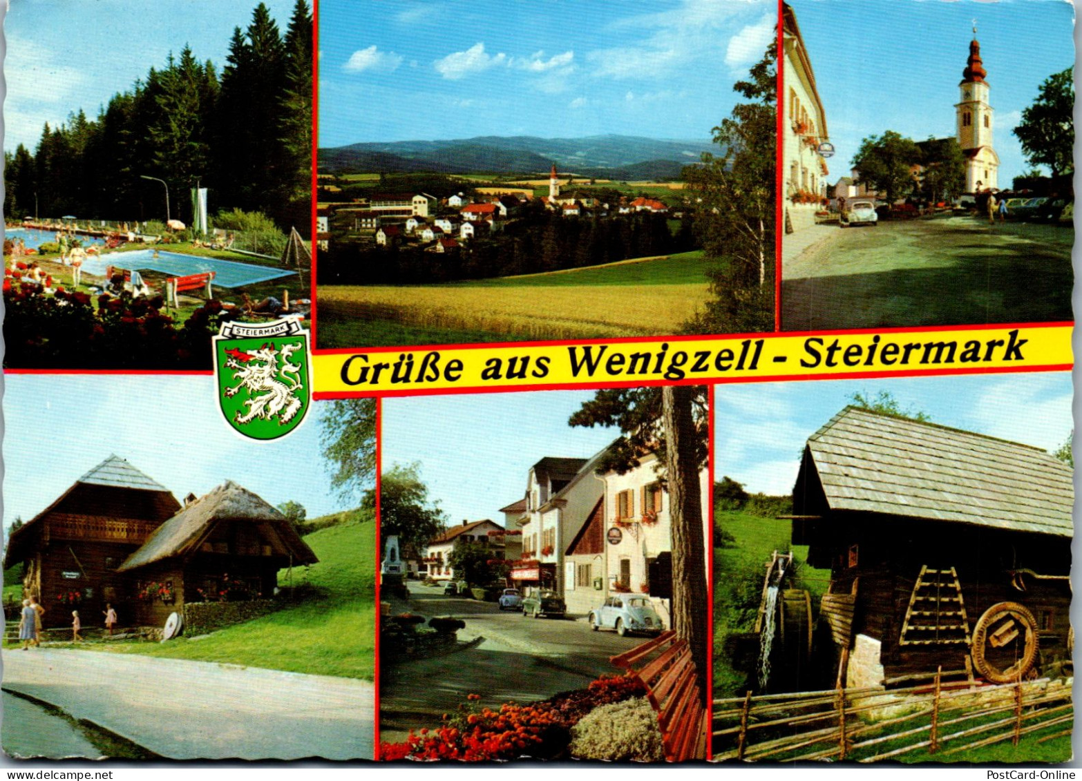 50400 - Steiermark - Wenigzell , Waldbad , Kirche , Gasthaus , Mühle , Käfer , Mehrbildkarte - Gelaufen 1979 - Hartberg