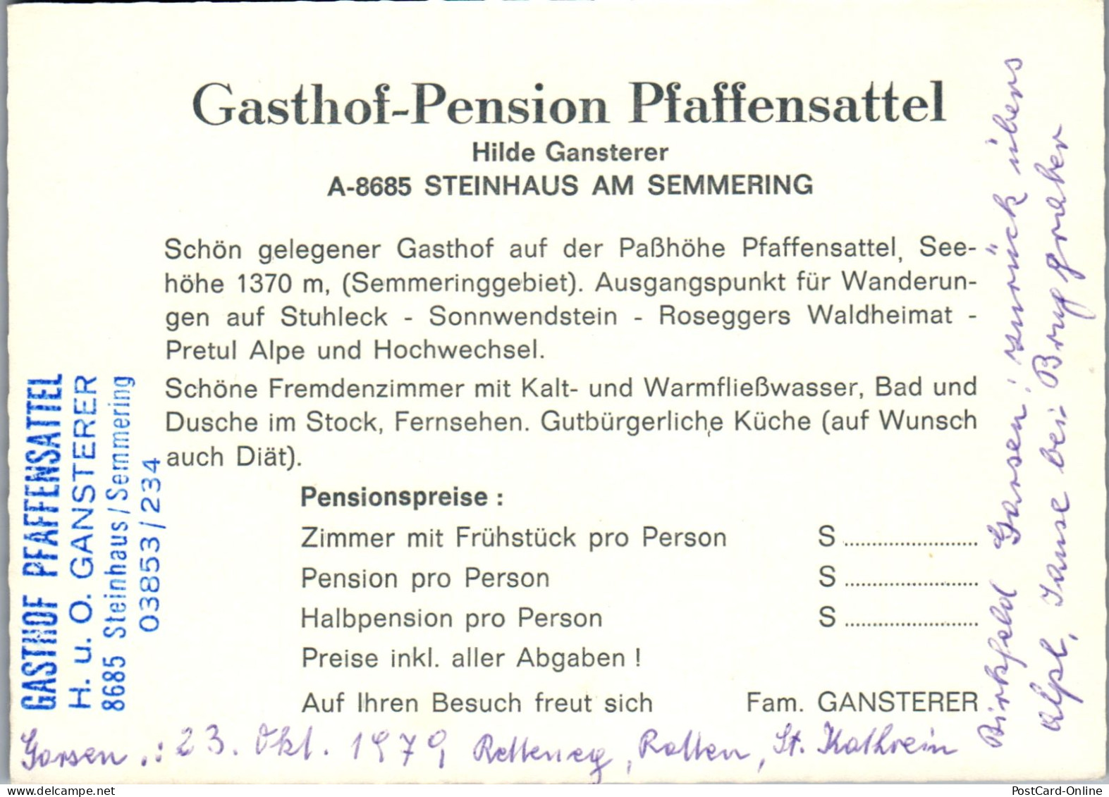 50301 - Steiermark - Steinhaus Am Semmering , Gasthof Pension Pfaffensattel , Hilde Gansterer , Auto , VW Käfer - 1979 - Steinhaus Am Semmering