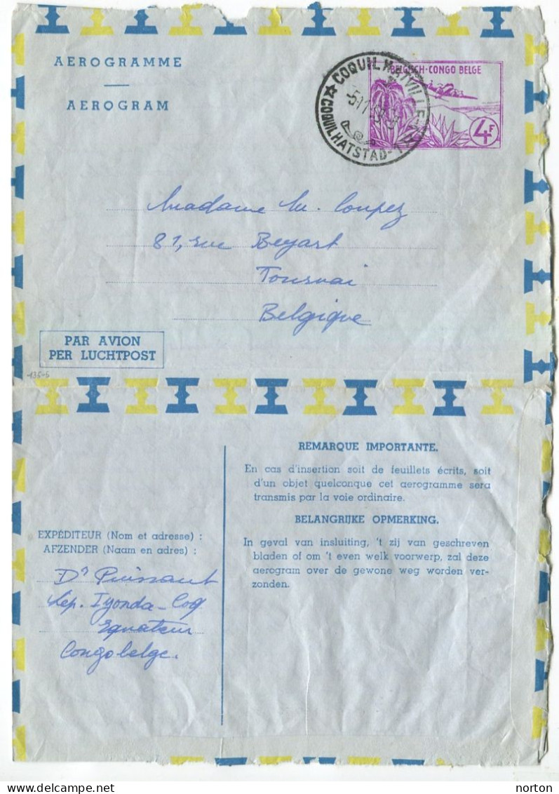Congo Coquilhatville 1 Oblit. Keach 12B(I)1 Sur Aérogramme Vers Tournai Le 05/11/1959 - Covers & Documents