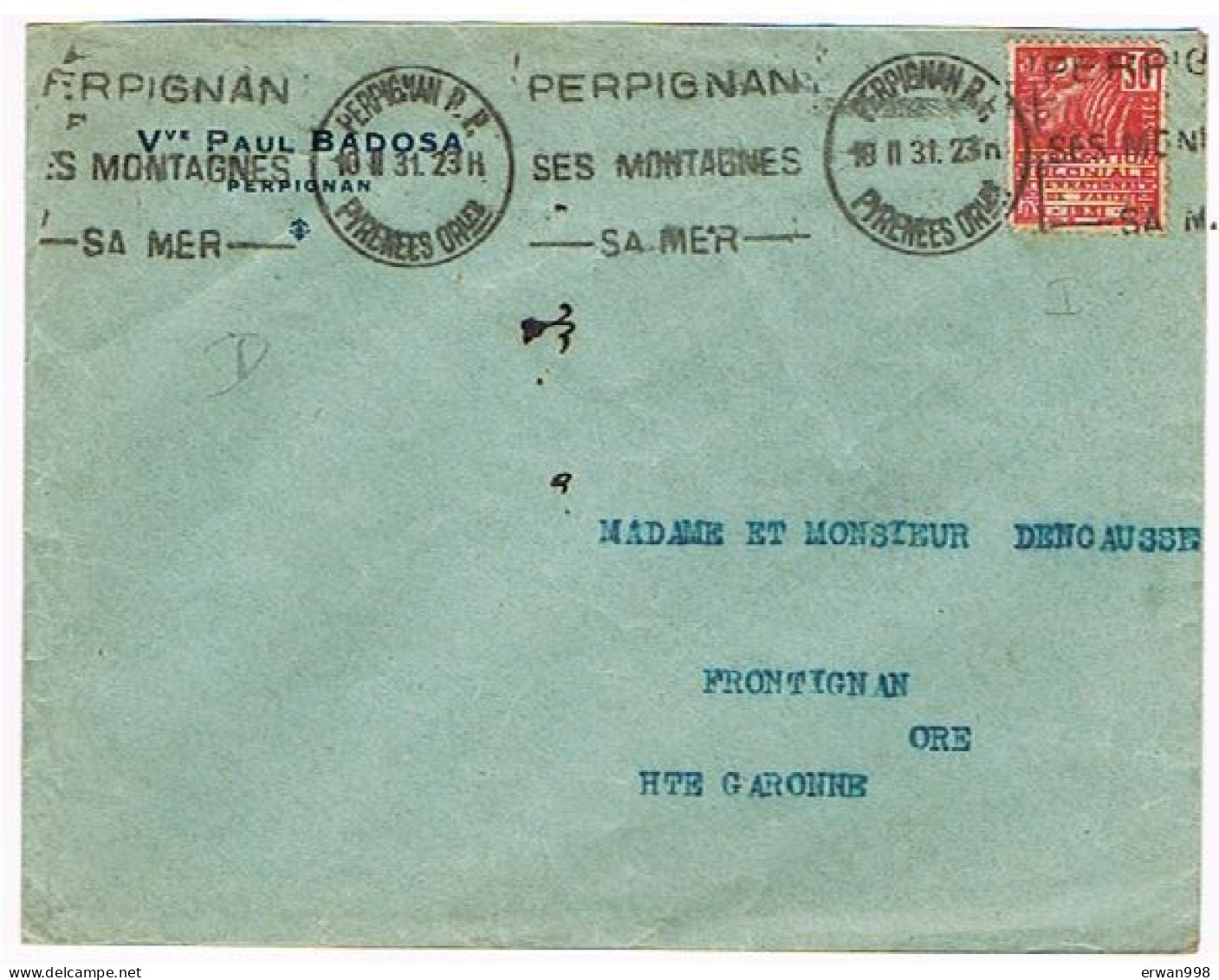 66 PERPIGNAN RP KRAG "Perpignan,ses Montagnes,sa Mer"18/3/31 S/ YT 272 Seul S/ Lettre - Arrivée Cachet Manuel 31 ORE  33 - Maschinenstempel (Werbestempel)