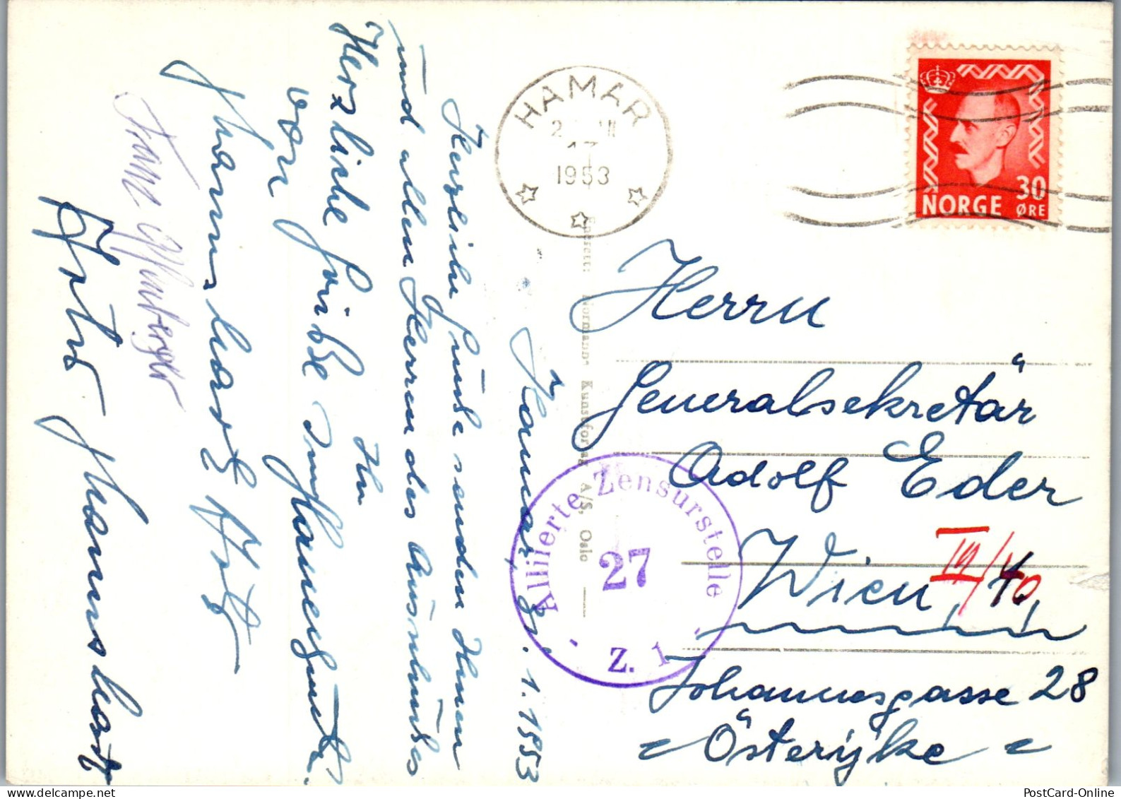 50786 - Norwegen - Hamar , Skoylebane , Zensur - Gelaufen 1953 - Norwegen