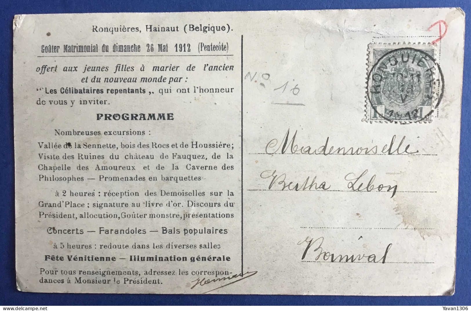 Ronquieres  1912 Goûter Matrimonial Du Dimanche 26 Mai ( Pentecôte) - Braine-le-Comte