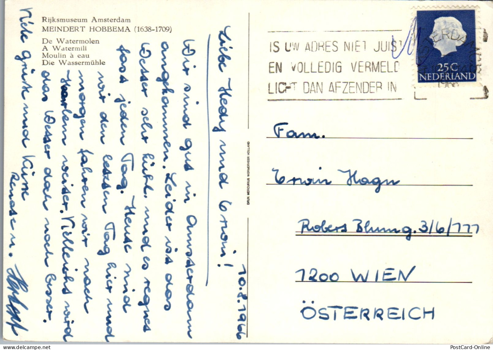 51051 - Niederlande - Meindert Hobbema , De Watermolen , Wassermühle - Gelaufen 1966 - Otros & Sin Clasificación