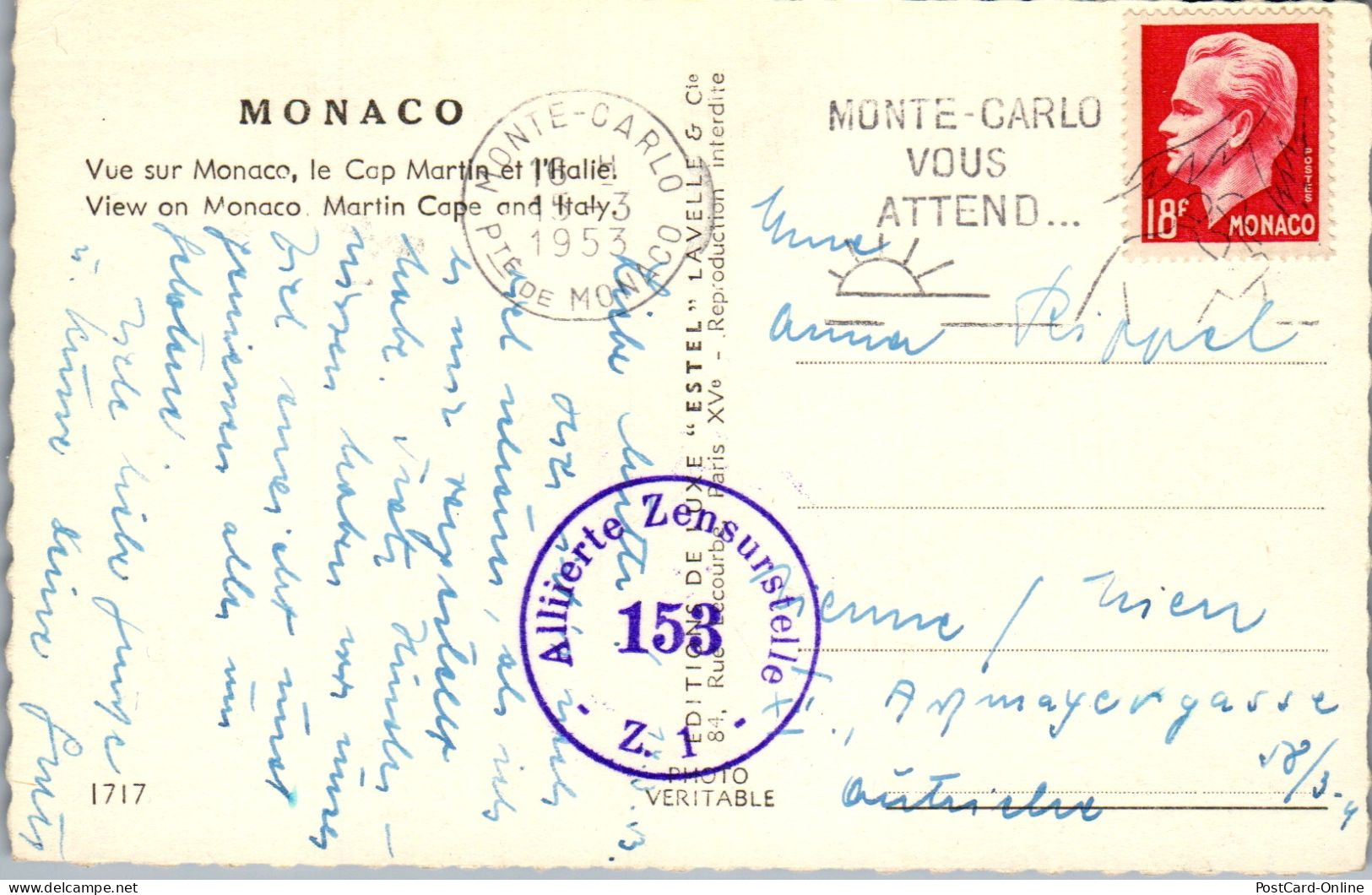 50914 - Monaco - Cap Martin , Panorama , Zensur - Gelaufen 1953 - Panoramische Zichten, Meerdere Zichten