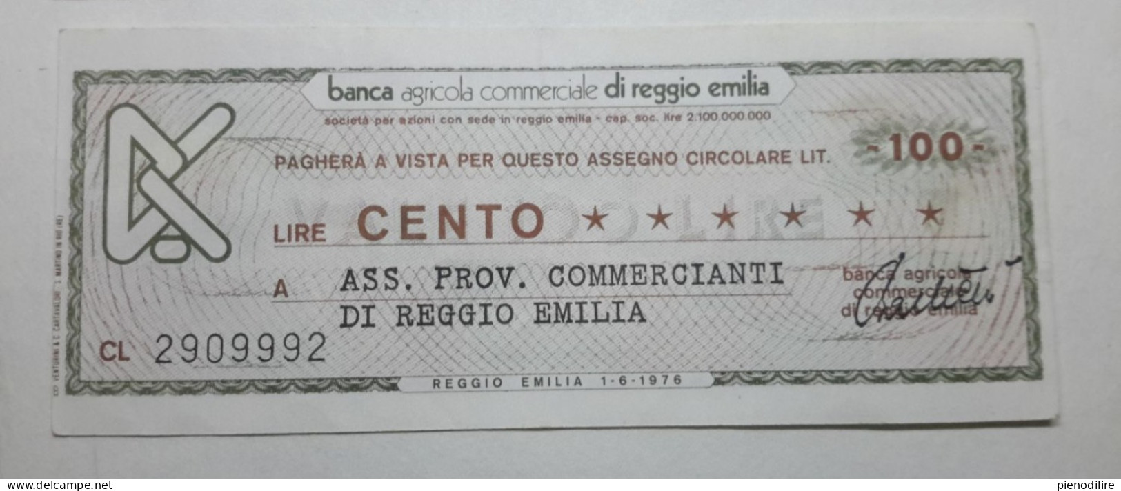 BANCA AGRICOLA COMMERCIALE DI REGGIO EMILIA, 100 Lire 01.06.1976 Ass. Prov. Commercianti (A1.42) - [10] Assegni E Miniassegni