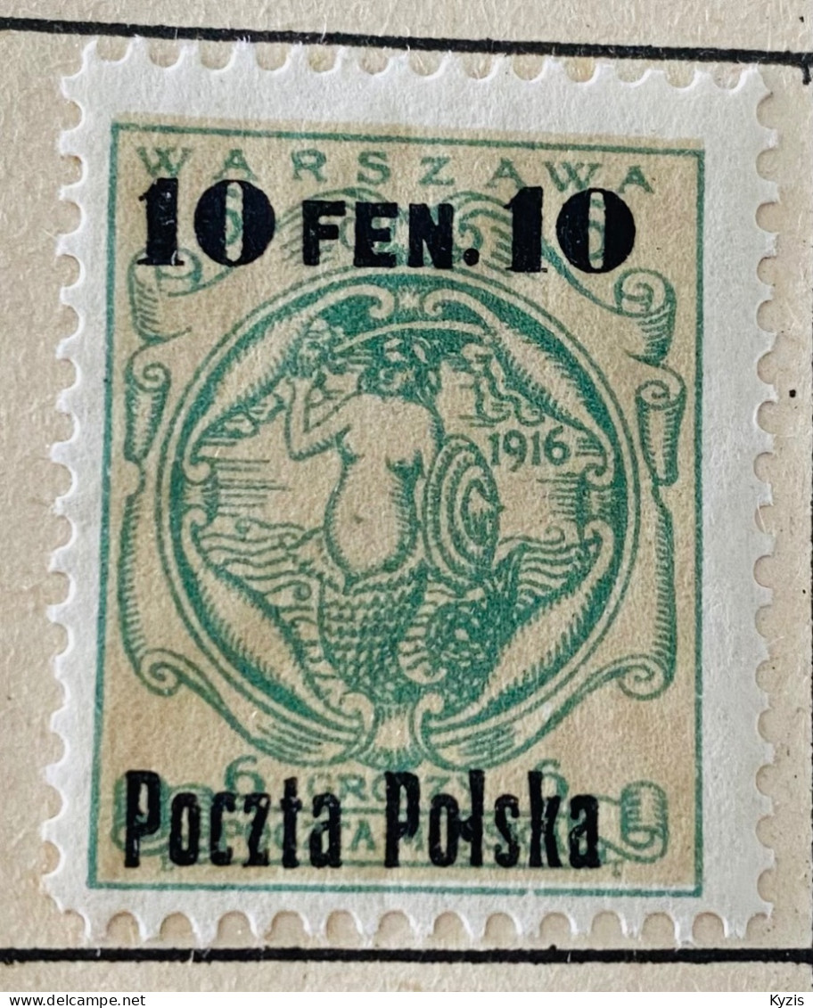 POLOGNE / RÉPUBLIQUE - 1918 - Mi.3 10 Fen / 6 Groszy Sirène (Armes De Varsovie) CENTRE DÉPLACÉ , PLUSIEURS DÉFAUTS - Unused Stamps