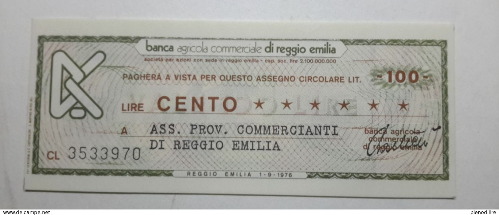 BANCA AGRICOLA COMMERCIALE DI REGGIO EMILIA, 100 Lire 01.09.1976 Ass. Prov. Commercianti (A1.43) - [10] Chèques