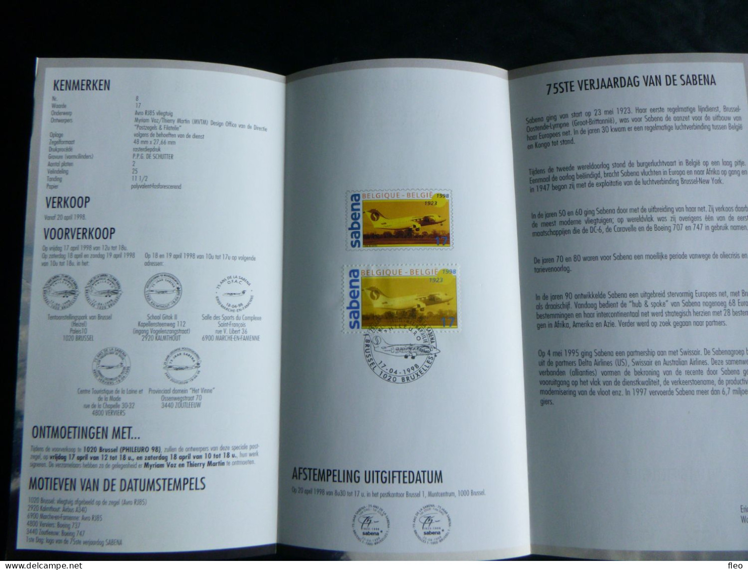 1998 2753 PF NL. HEEL MOOI ! Zegel Met Eerste Dag Stempel : SABENA - Post-Faltblätter